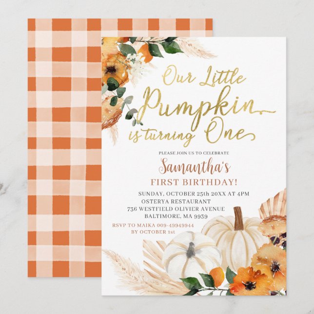 Boho Orange Citrouille Invitation d'anniversaire (Devant / Derrière)