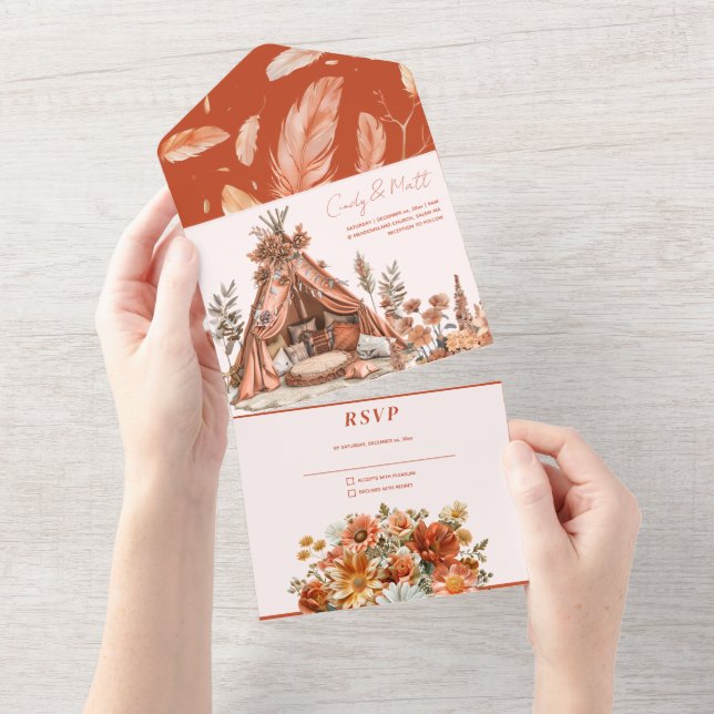 Boho Orange Fleurs Tout En Un Faire-part de mariag (Déchirure)