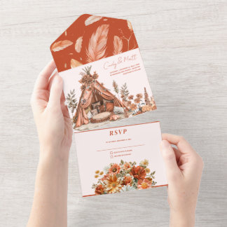 Boho Orange Fleurs Tout En Un Faire-part de mariag