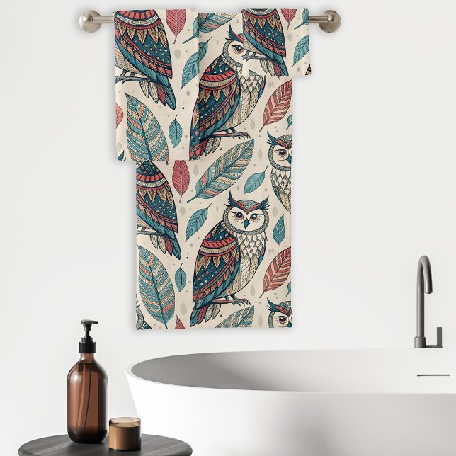 Boho Owl Feuille Motif rouille Turquoise Beige (Créateur téléchargé)