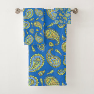 Boho Paisley Motif Cerulean bleu et jaune vert