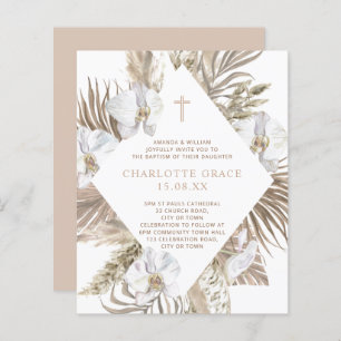Boho Palm Floral Girl Baptême rose Tan Invitation