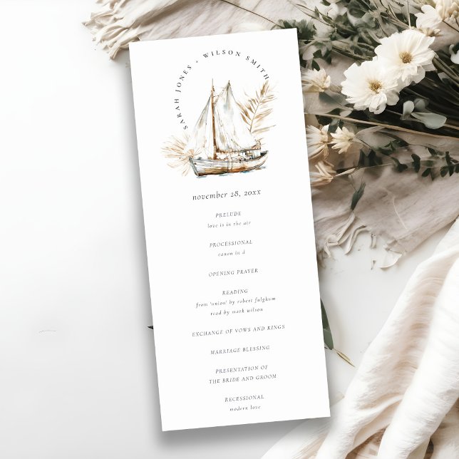 Boho Palm Sailboat Seascape Wedding Programme (Créateur téléchargé)