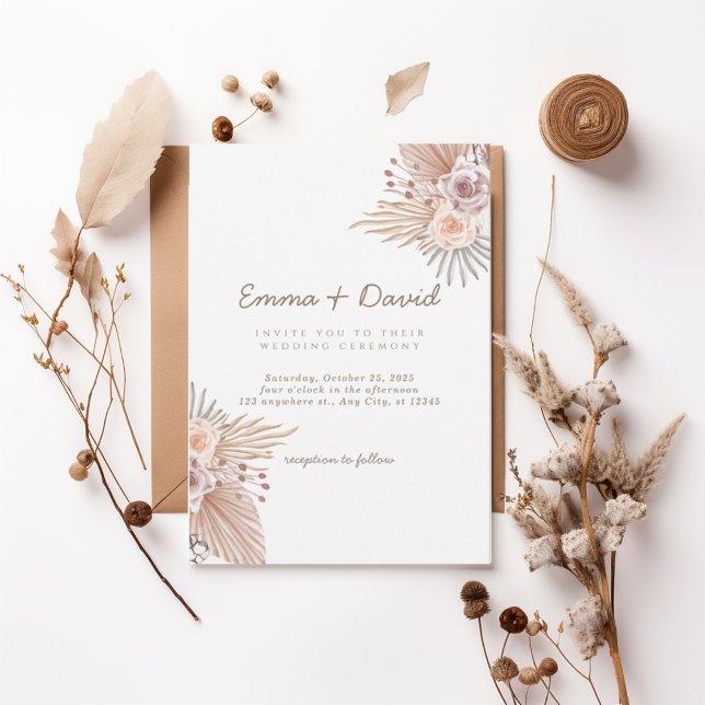 Boho Pampas and Blush Rose Wedding Invitation (Créateur téléchargé)