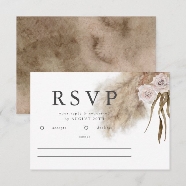 Boho Pampas Aquarelle en laiton Mariage RSVP (Devant / Derrière)