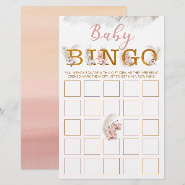 Boho Pampas Baby shower Bingo Game Card (Devant / Derrière)