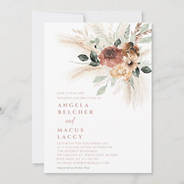 Boho pampas Faire-part de mariage d'herbe (Devant)