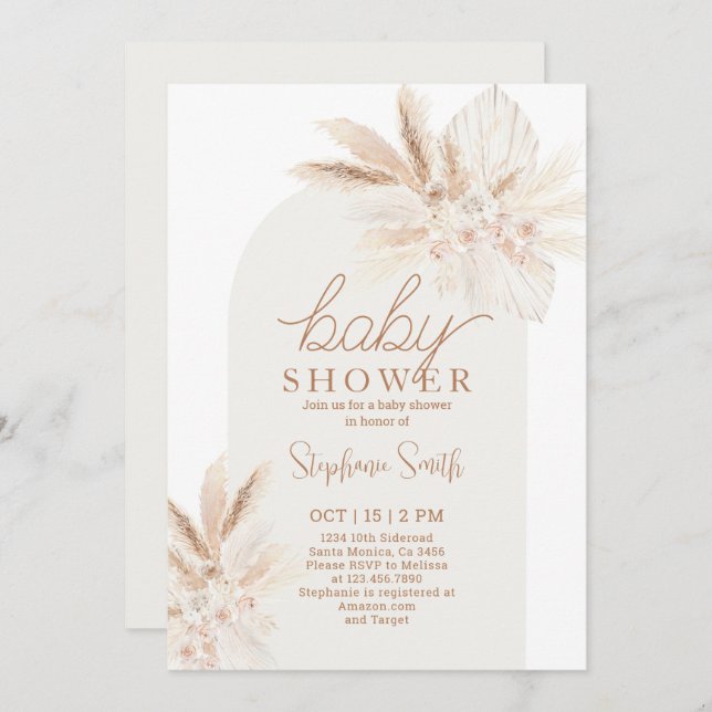 Boho Pampas Genre Neutre Baby shower Invitation (Devant / Derrière)