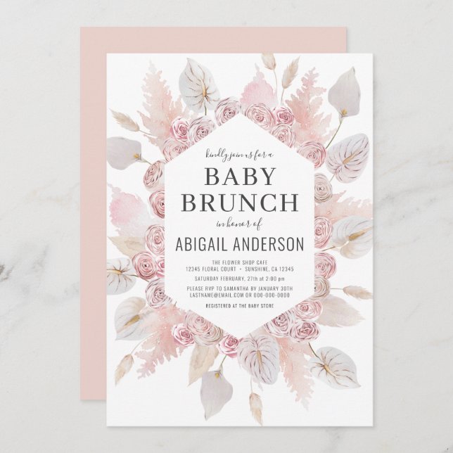 Boho Pampas Grass Baby Brunch Elégante Invitation (Devant / Derrière)