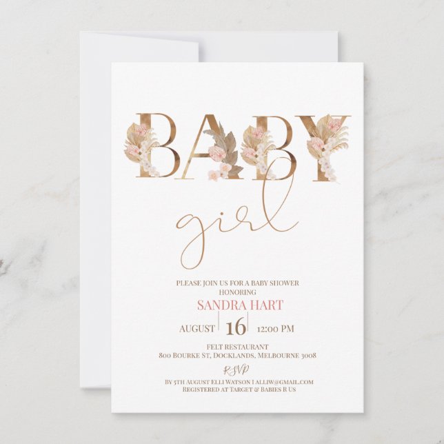 Boho Pampas Grass Baby Girl Baby shower Invitation (Devant)