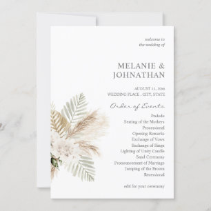 Boho Pampas Grass & Beige Mariage programme de cér