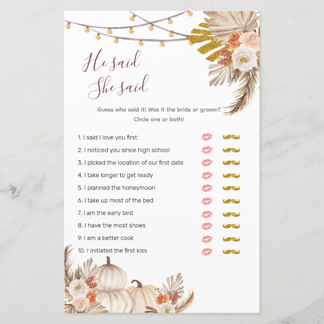 Boho Pampas Grass Citrouille Il a dit Elle a dit J (Devant)