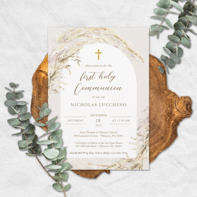Boho Pampas Grass Communion moderne Invitation (Créateur téléchargé)