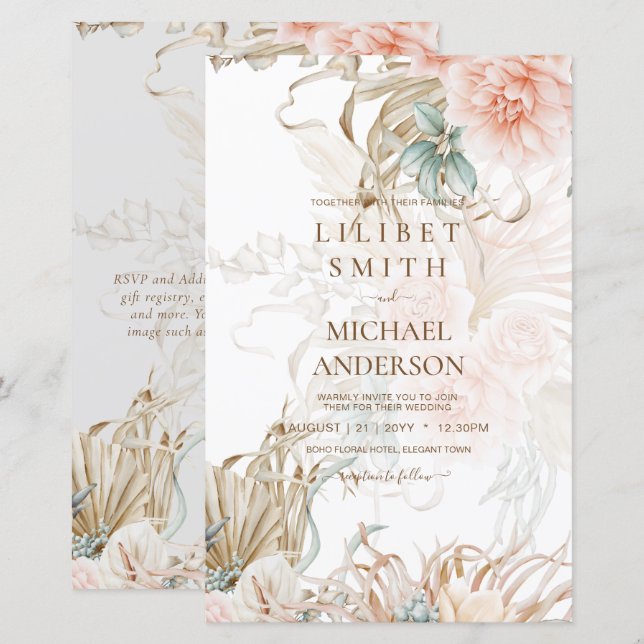 BOHO Pampas Grass Floral Coral Sage Mariage (Devant / Derrière)