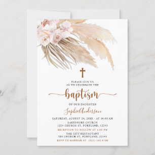 Boho Pampas Grass Girl Baptism Invitation