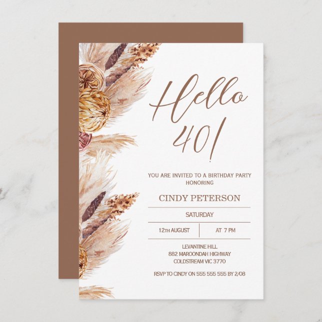 Boho Pampas Grass moderne Invitation Anniversaire (Devant / Derrière)