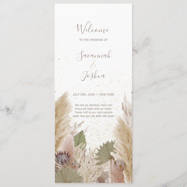 BOHO PAMPAS GRASS WATERCOLOR WEDDING PROGRAMME (Devant)