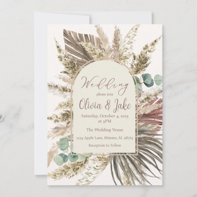 Boho Pampas Gris Faire-part de mariage — Vert Sage (Devant)