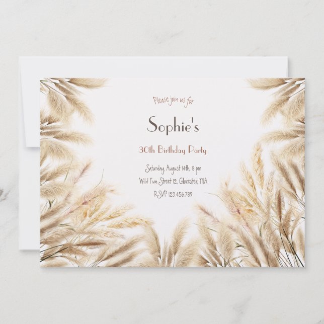 Boho pampas herbe adulte invitation anniversaire (Devant)