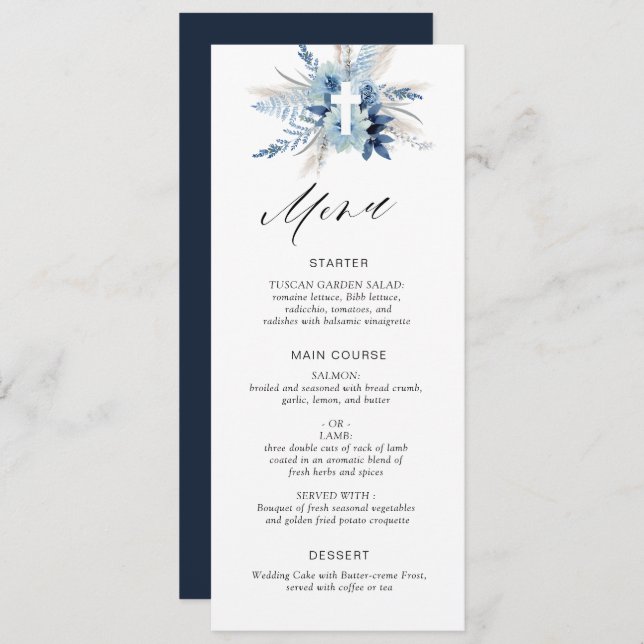 boho pampas herbe bleu fleuri menu carte (Devant / Derrière)