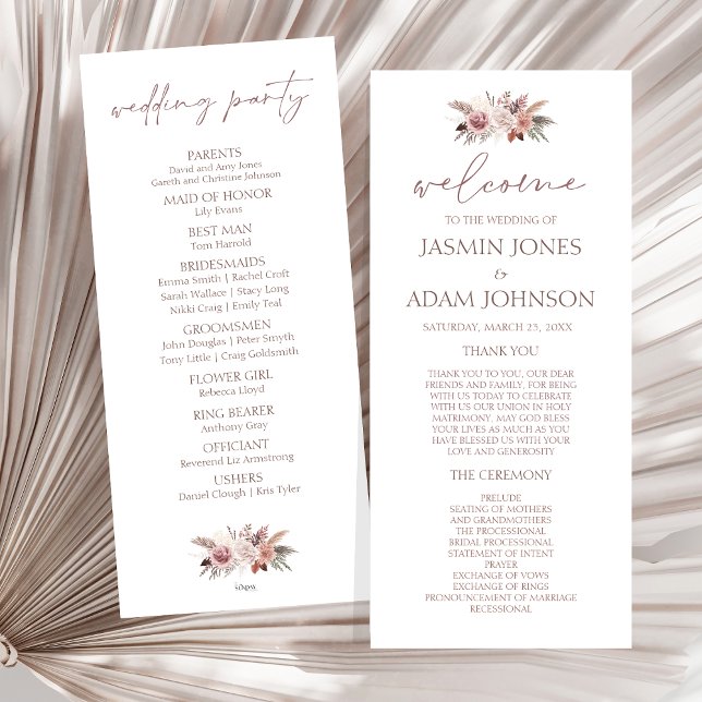 Boho Pampas Neutral Floral Mariage Programme d'acc (Boho Dusty Pink Dried Flowers Wedding Program)