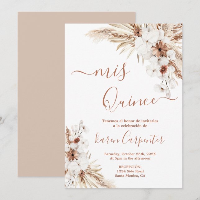 Boho Pampas Quinceanera Invitation (Devant / Derrière)