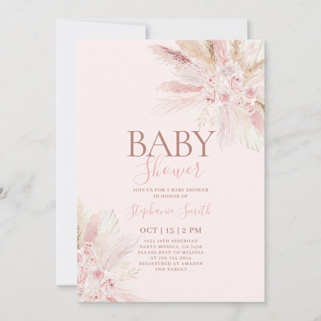 Boho Pampas Rose Baby shower Invitation fille (Devant)