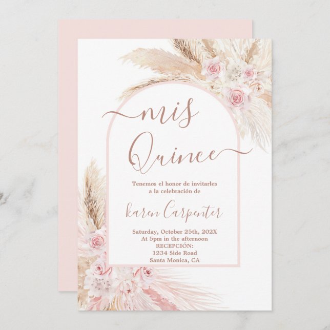 Boho Pampas Rose Quinceanera Invitation (Devant / Derrière)