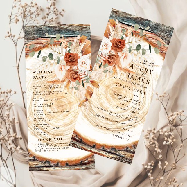 Boho Pampas Rustic Wood Slice Wedding Program  (Créateur téléchargé)
