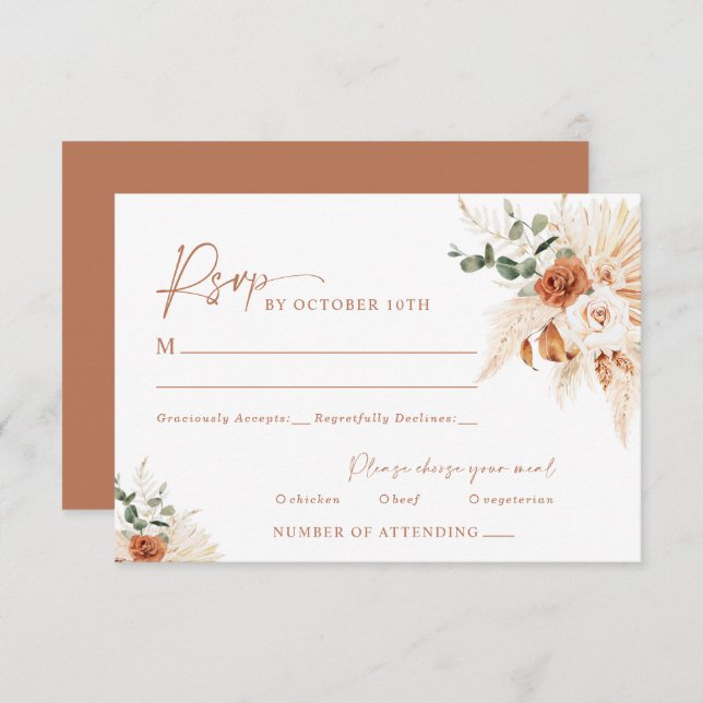 Boho Pampas Terracotta Mariage RSVP Card LEYLA (Devant / Derrière)