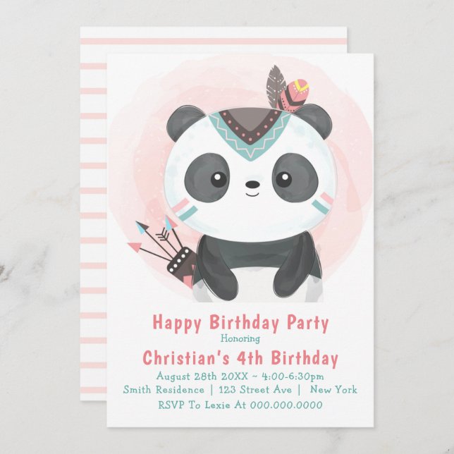 Boho Panda Bear 4e anniversaire Invitations (Devant / Derrière)