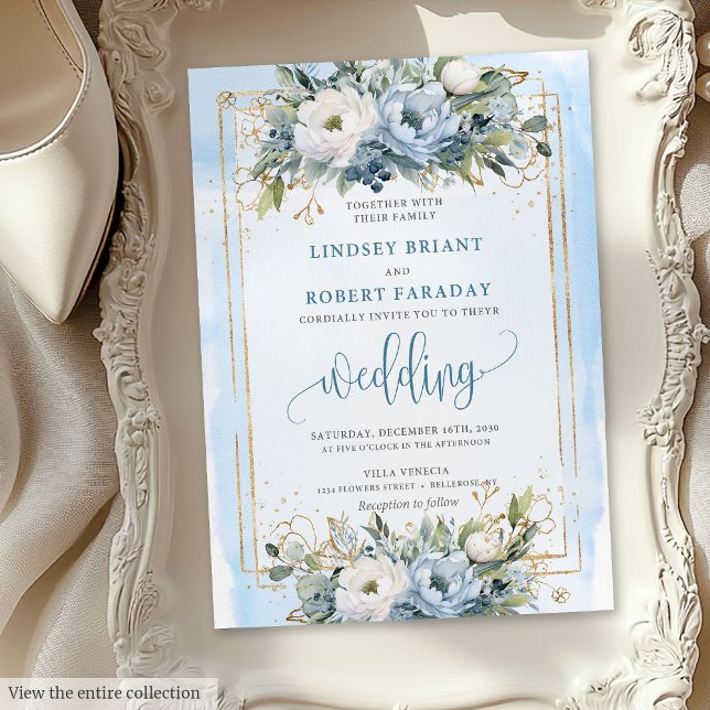 Boho Pastel Blue Gold Flowers Faire-part de mariag (Boho Pastel Blue Gold Flowers Wedding Invitation)