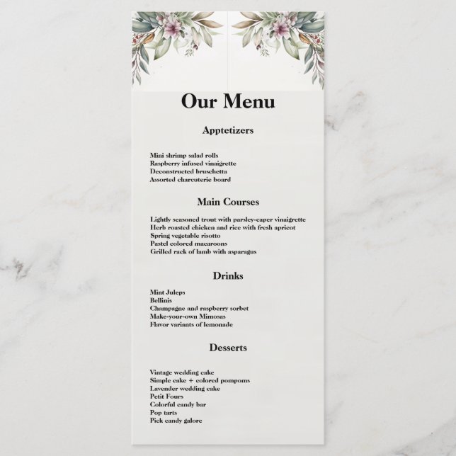 BOHO Pastel Garden Coloris Menu Mariage Dîner (Devant)