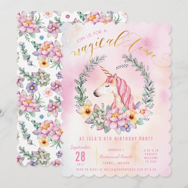 Boho Pastel Unicorn Invitation de fête d'anniversa (Devant / Derrière)