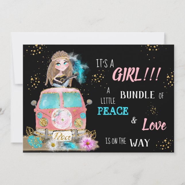 * Boho Peace & Love Hippie Baby GIRL Invitation (Devant)