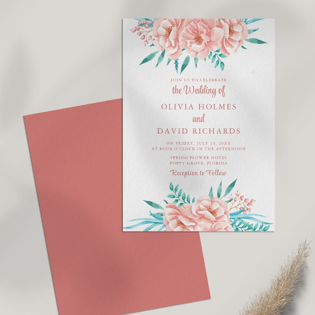 Boho Peach et rose Floral Faire-part de mariage (Boho Peach and Pink Floral Wedding Invitation on white table.)