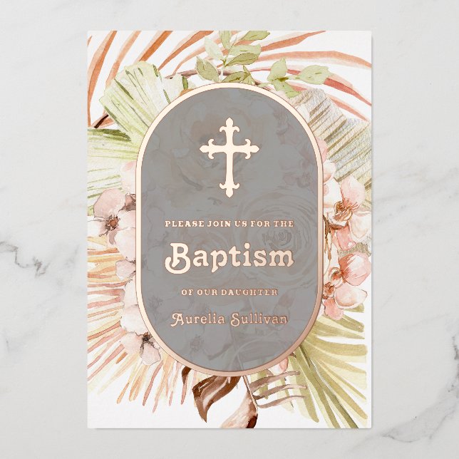 Boho Peach Floral Bouquet Baptism Foil Invitation (Recto)