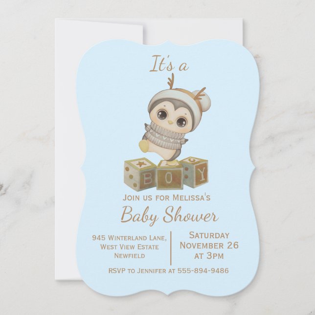 Boho Penguin Boy Baby shower Invitation (Devant)