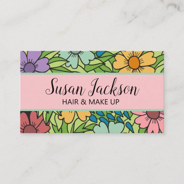 Boho Pink Aqua Gold Happy Floral Carte de visite (Devant)