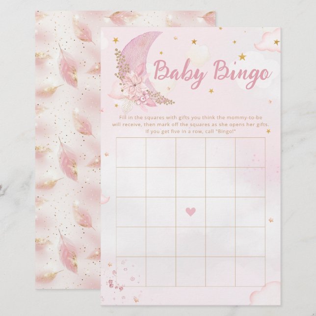 Boho Pink & Gold Moon Baby shower Bingo Jeu (Devant / Derrière)