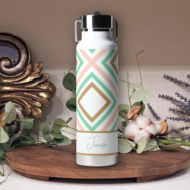 Boho Pink Green Gold Bouteille d'eau géométrique (Créateur téléchargé)