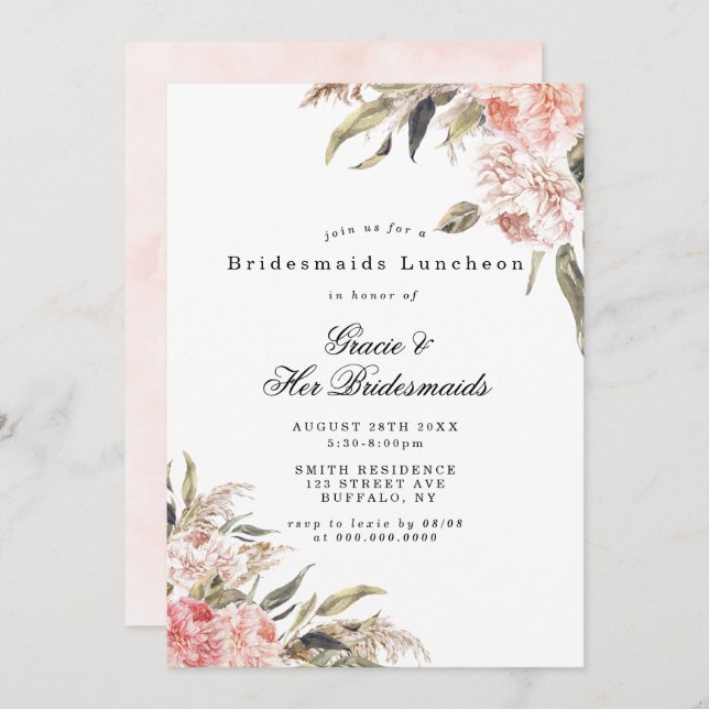 Boho Pink Peony Bridesmaids Invitations de déjeune (Devant / Derrière)