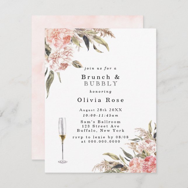 Boho Pink Peony Brunch & Bubbly Invitation (Devant / Derrière)