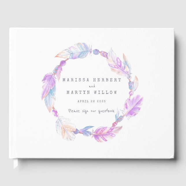 Boho plume aquarelle violet mariage livre d'or (Recto)
