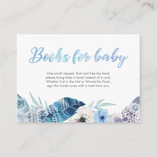 Boho plume bleu Livres pour la carte Baby shower b (Devant)