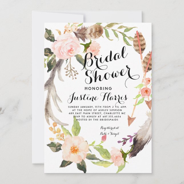 Boho plumes nuptiale douche Invitation (Devant)