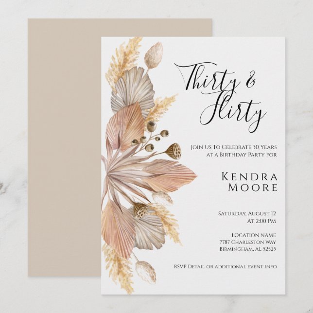 Boho Pompas Grass Trente et Flirty Invitation Anni (Devant / Derrière)