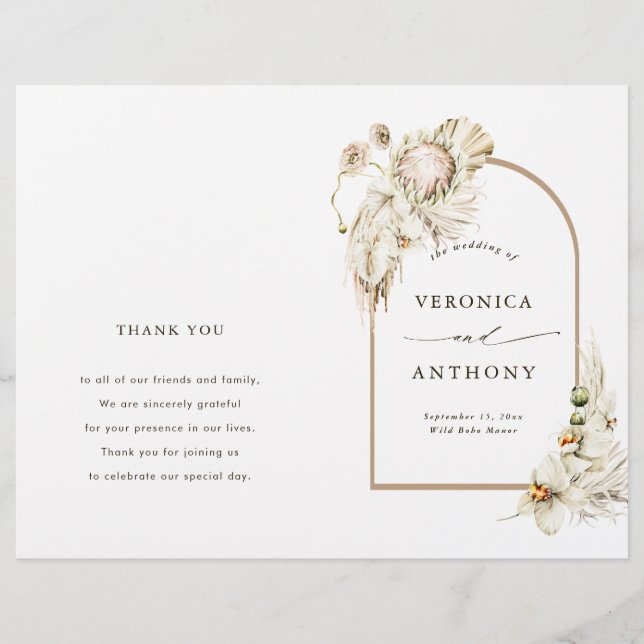 Boho Protea Pampas Grass Floral Wedding Programme (Devant)