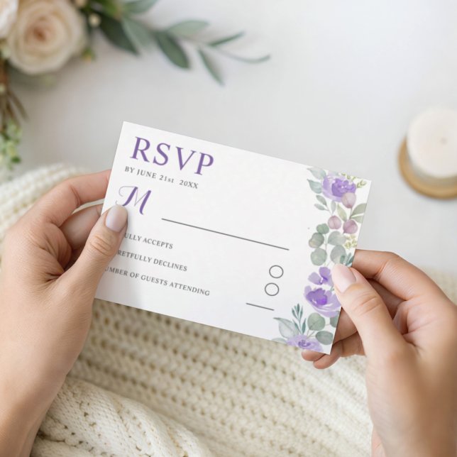 Boho Purple Floral Eucalyptus Wedding RSVP (Créateur téléchargé)