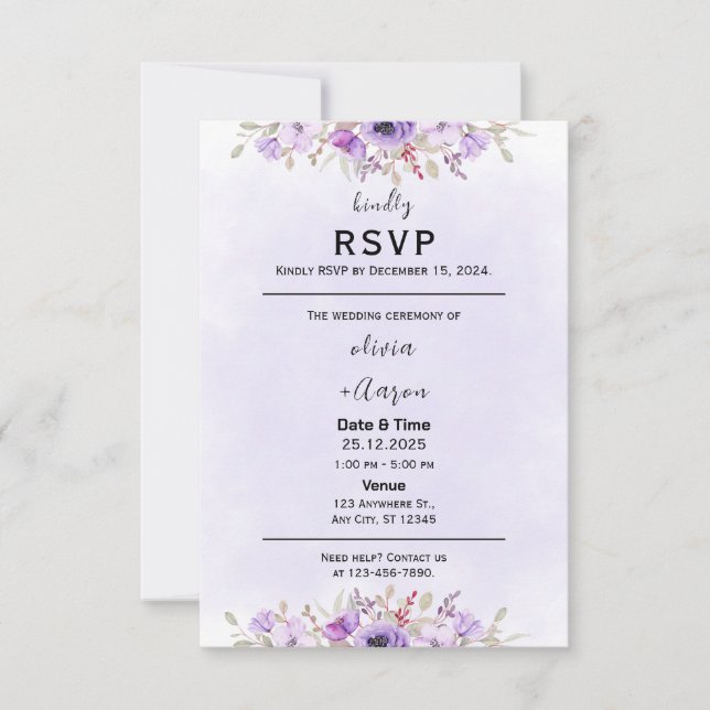 Boho Purple Floral Wedding Cartes RSVP (Devant)